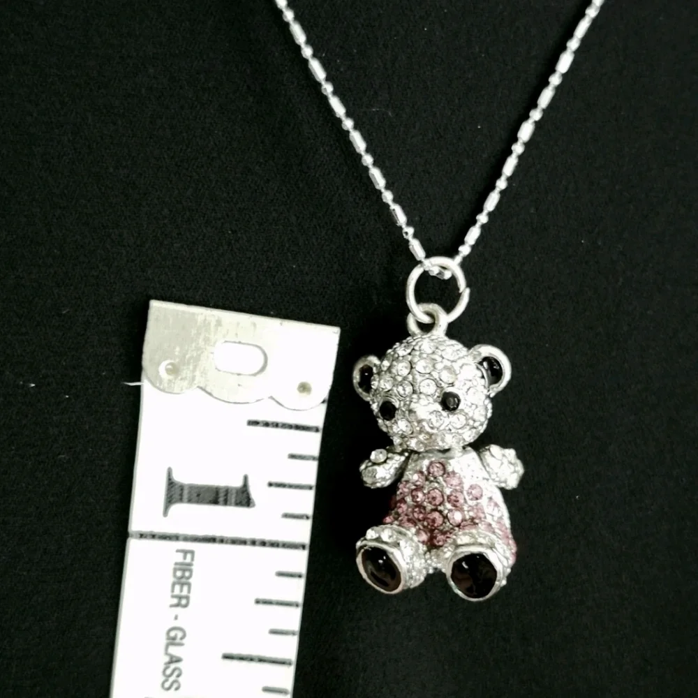 Silver-toned Chrystal/Rhinestone Teddy Bear Pendant Necklace With Movable Head S